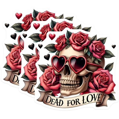 (3 Pack) Skull with Roses Decals - Dead for Love Sticker - Heart Sunglasses Decals - 3 Inches On Longest Side - Easy Peel & Apply - Made in USA - 3MCS4839