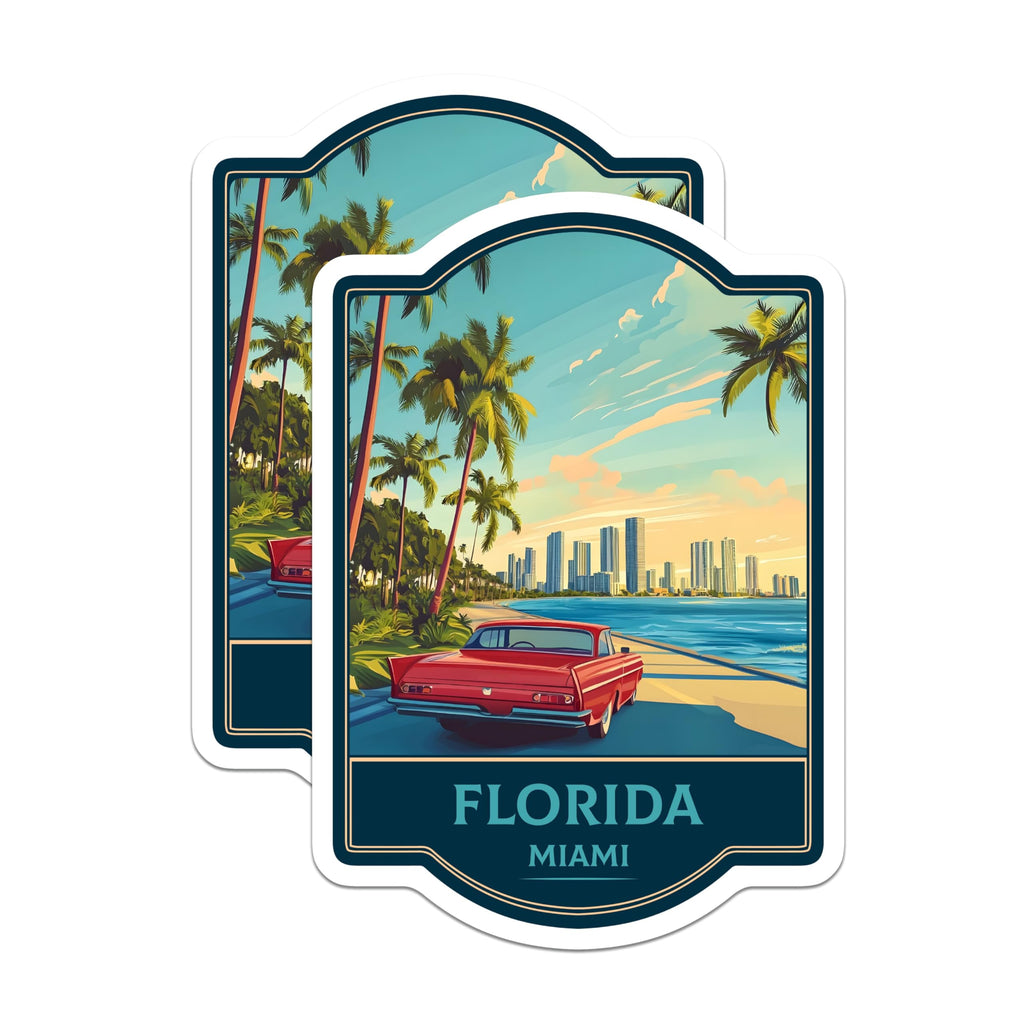 (2 Pack) Miami Florida Magnets - Retro Tropical Art Scene - Vintage Car Coastal View - Skyline Beach Travel Memento - 5 Inches On Longest Side - Thick Durable Magnet - Made in USA - MAG22249