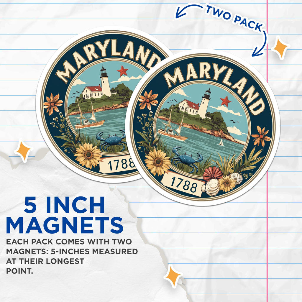 (2 Pack) Maryland Magnets - State Seal Illustration - Nautical Lighthouse Fridge Magnets - 5" On Longest Side - Premium Magnet - for Cars, Refrigerators, Toolboxes, Lockers - Made in USA - MAG14355