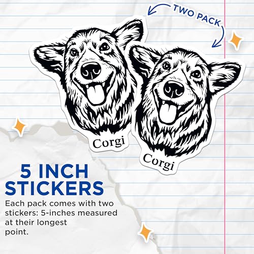 (2 Pack) Corgi Dog Stickers - Cute Corgi Face Stickers - Dog Lover Gifts - Animal Stickers for Laptop - 5" On Longest Side - Sticks to Smooth Flat Surfaces - Made in USA - BMCS4007