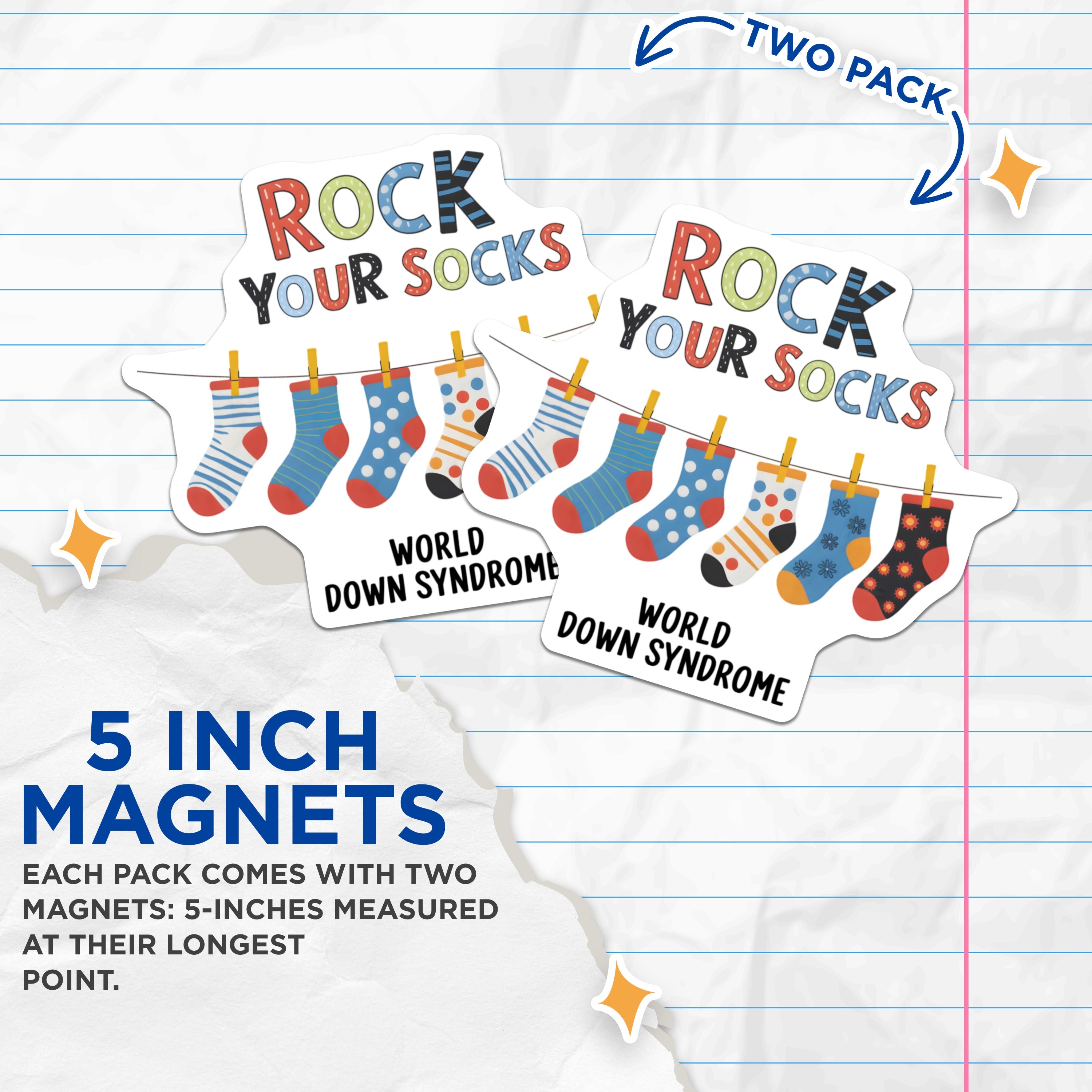 (2 Pack) Down Syndrome Awareness Magnets - Rock Your Socks Support - World DS Day Decor - 5 Inches On Longest Side - Thick Durable Magnet - Made in USA - MAG38705