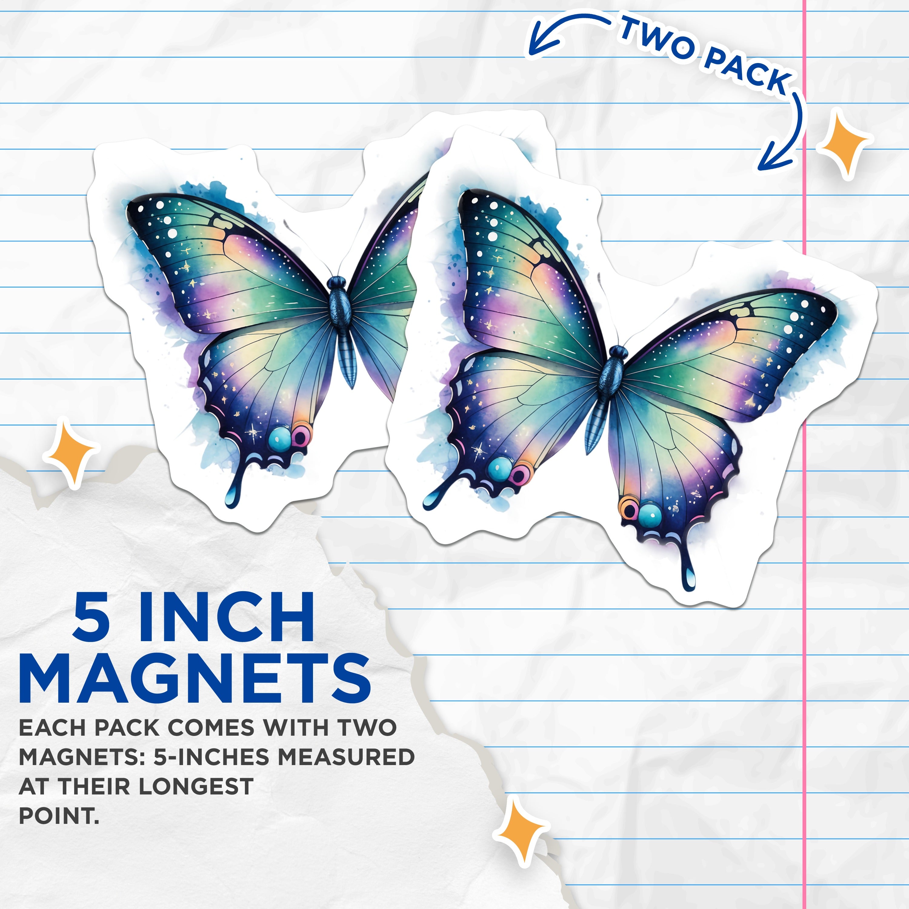 (2 Pack) Celestial Butterfly Magnets - Watercolor Art Decor - Whimsical Fridge Locker Magnet - 5 Inches On Longest Side - Thick Durable Magnet - Made in USA - MAG39438
