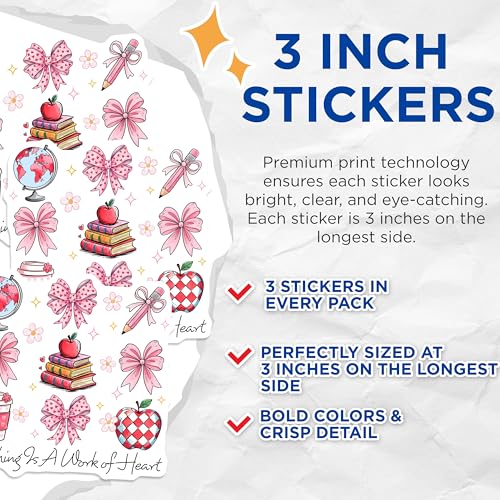 (3 Pack) Teaching is A Work of Heart Decals - Teacher Appreciation - School Supplies - 3 Inches On Longest Side - Easy Peel & Apply - Made in USA - 3MCS6416