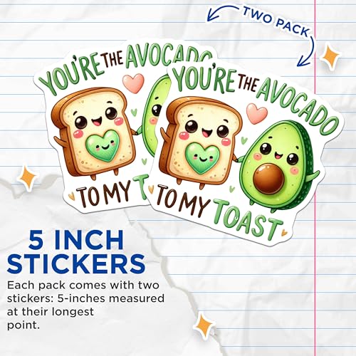 (2 Pack) Cute Avocado Toast Stickers - Funny Food Stickers - Adorable Cartoon Stickers - 5" On Longest Side - Sticks to Smooth Flat Surfaces- Made in USA - BMCS3351