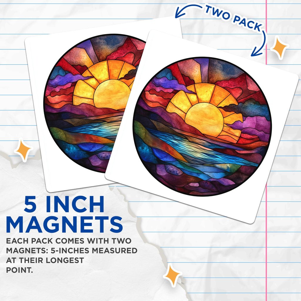 (2 Pack) Stained Glass Sunset Magnets - Sunrise Scene - Nature Inspired Decor - 5 Inches On Longest Side - Thick Durable Magnet - Made in USA - MAG26684