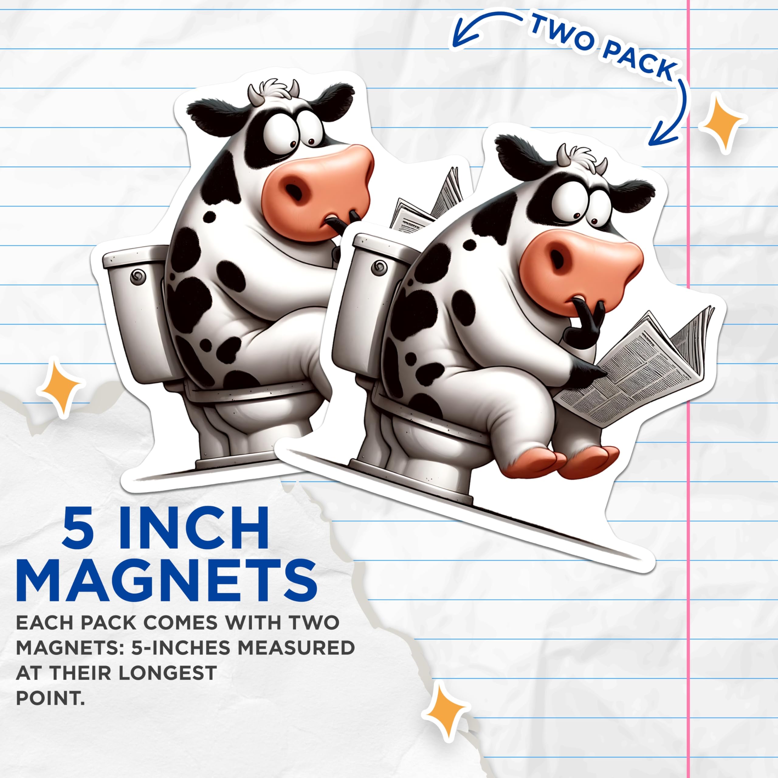 (2 Pack) Cow on Toilet Magnets - Reading Newspaper Magnet - Funny Fridge Magnets - 5" On Longest Side - Premium Magnet - for Cars, Refrigerators, Toolboxes, Lockers - Made in USA - MAG15448