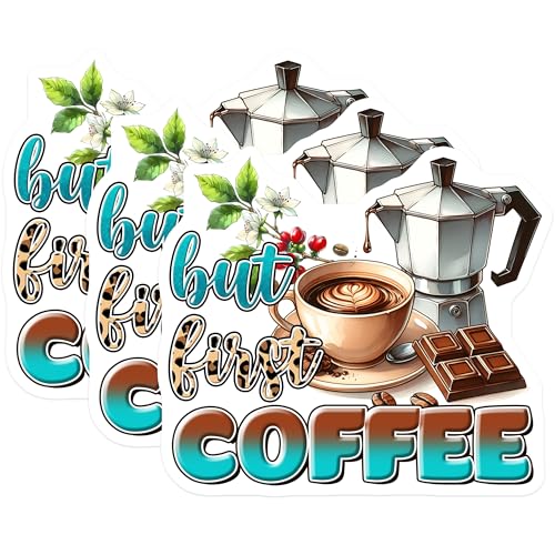 (3 Pack) Coffee Lover Decals - But First Coffee - Laptop Decal Stickers - 3 Inches On Longest Side - Easy Peel & Apply - Made in USA - 3MCS6300