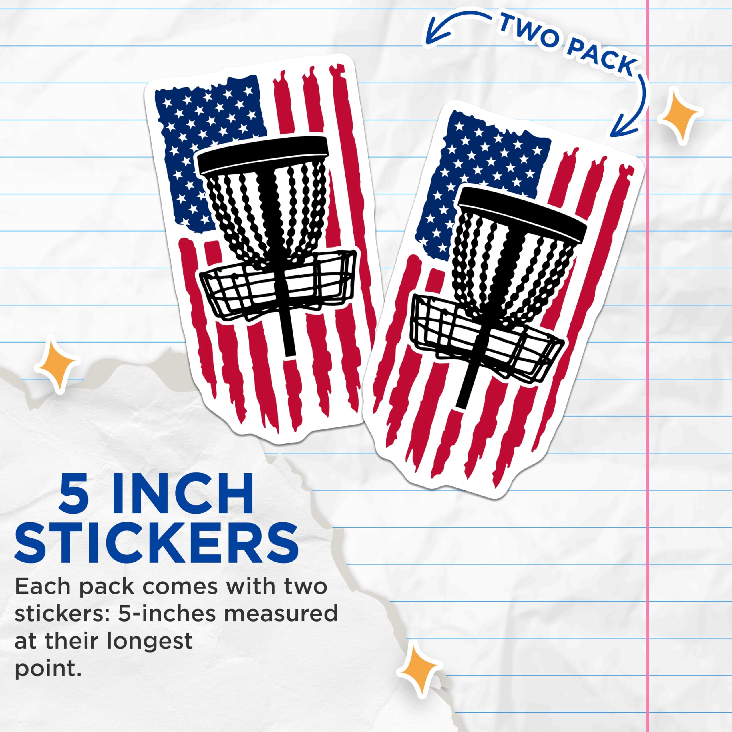 (2 Pack) Patriotic Disc Golf Basket Stickers - USA Flag Stickers - Disc Golf Accessories for Players - 5" On Longest Side - Sticks to Smooth Flat Surfaces - Made in USA - BMCS3977