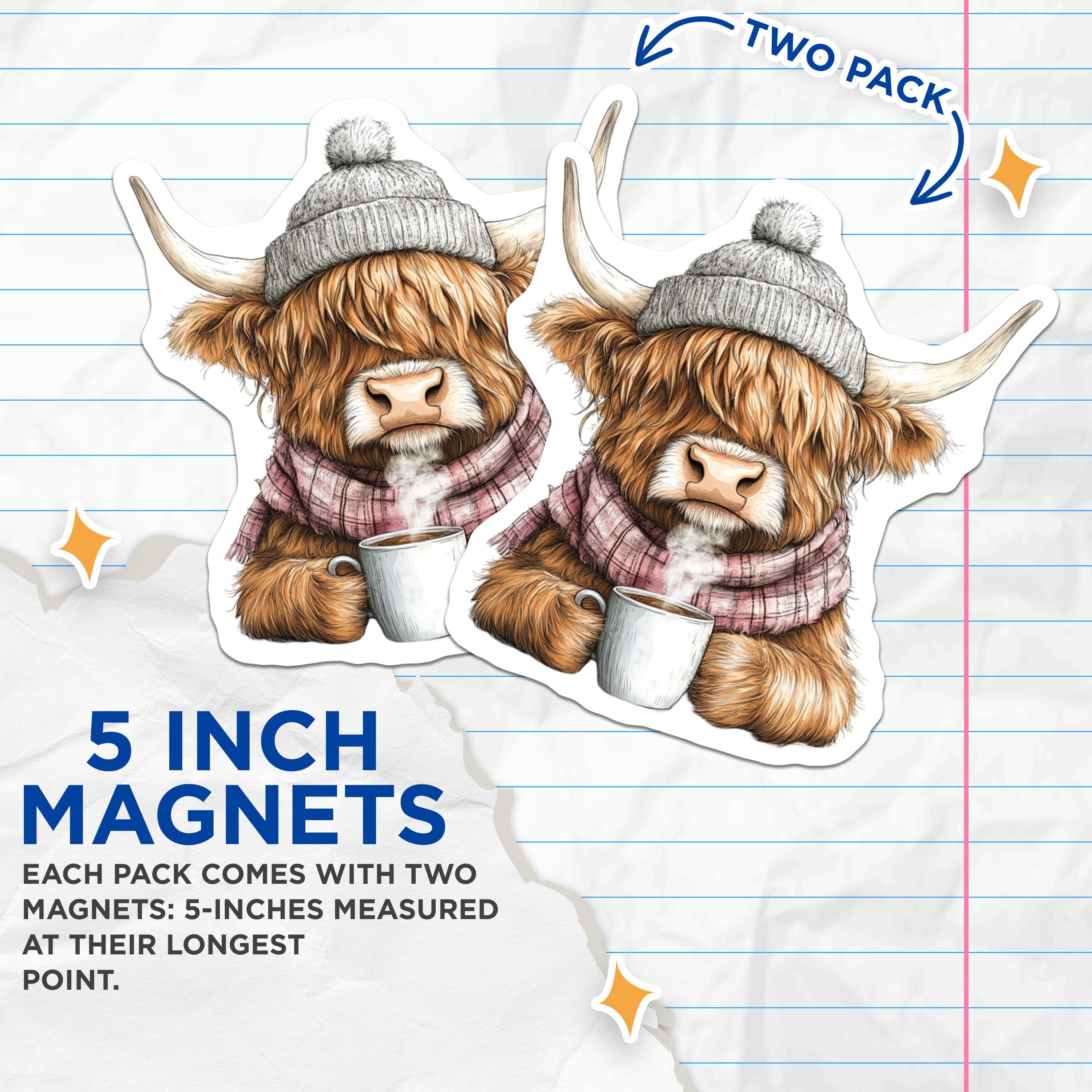 (2 Pack) Highland Cow Magnets - Cozy Winter Decor - Farm Animal Kitchen Accent - Refrigerator Locker Accessory - 5 Inches On Longest Side - Thick Durable Magnet - Made in USA - MAG39598