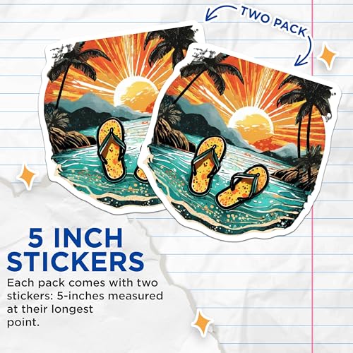 (2 Pack) Tropical Beach Sunset Stickers - Island Getaway - Retro Summer Vibes - 5" On Longest Side - Sticks to Smooth Flat Surfaces - Made in USA - BMCS9317