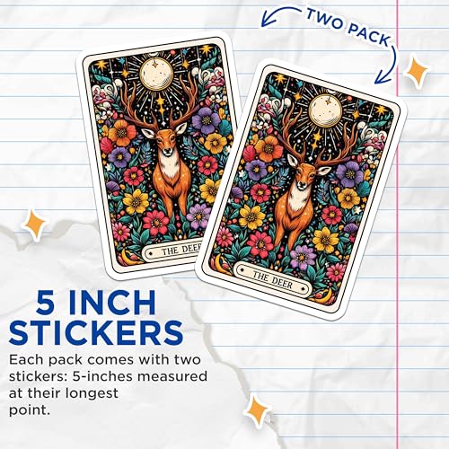 (2 Pack) Deer Themed Stickers - Nature and Floral Illustrations - Colorful Wildlife Stickers - 5" On Longest Side - Sticks to Smooth Flat Surfaces - Made in USA - BMCS4451