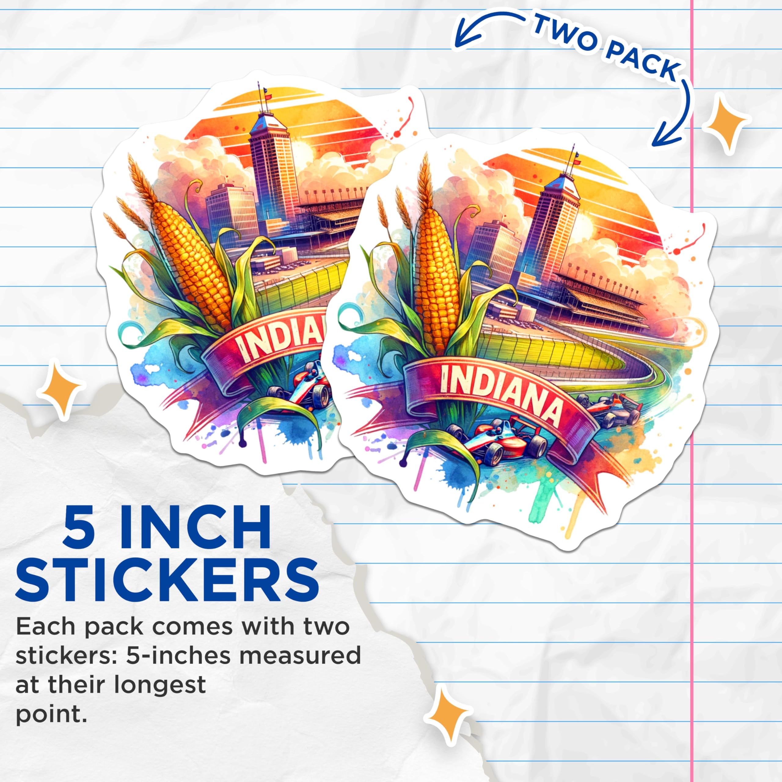 (2 Pack) Indiana State Stickers - Indianapolis 500 - Cornfield Art - Midwestern Pride - State Symbols Stickers - 5" On Longest Side - Sticks to Smooth Flat Surfaces - Made in USA - BMCS7021