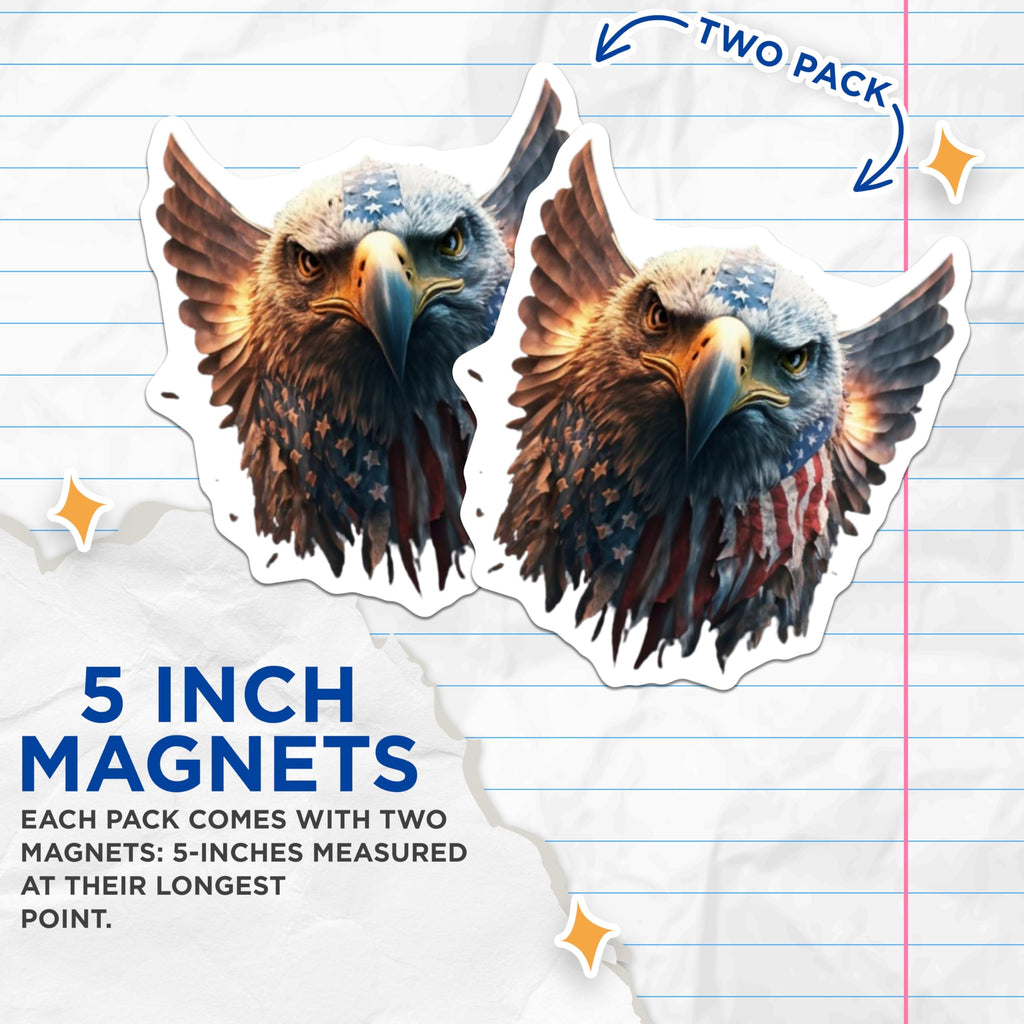 (2 Pack) Patriotic American Eagle Magnets - USA Flag Design Head - Freedom Symbol Fridge Decoration - National Pride Home - 5 Inches On Longest Side - Thick Durable Magnet - Made in USA - MAG20486