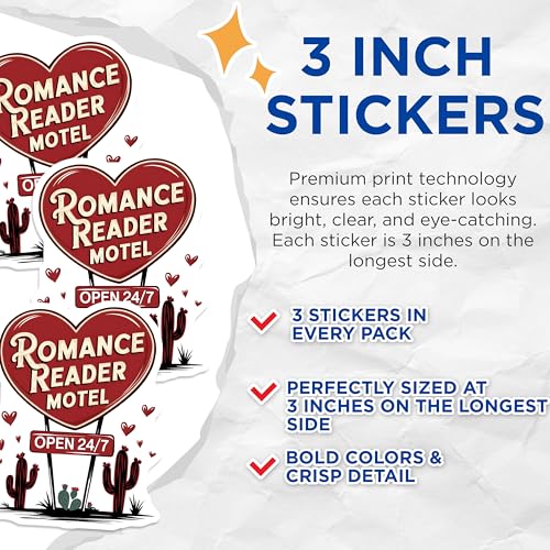 (3 Pack) Romance Reader Motel Decals - Retro Motel Sign - Desert Cactus Decals - 3 Inches On Longest Side - Easy Peel & Apply - Made in USA - 3MCS2336