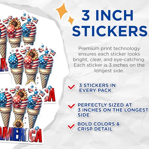 (3 Pack) Patriotic Ice Cream Decals - American Flag Decal - USA Summer Stickers - 3 Inches On Longest Side - Easy Peel & Apply - Made in USA - 3MCS6635