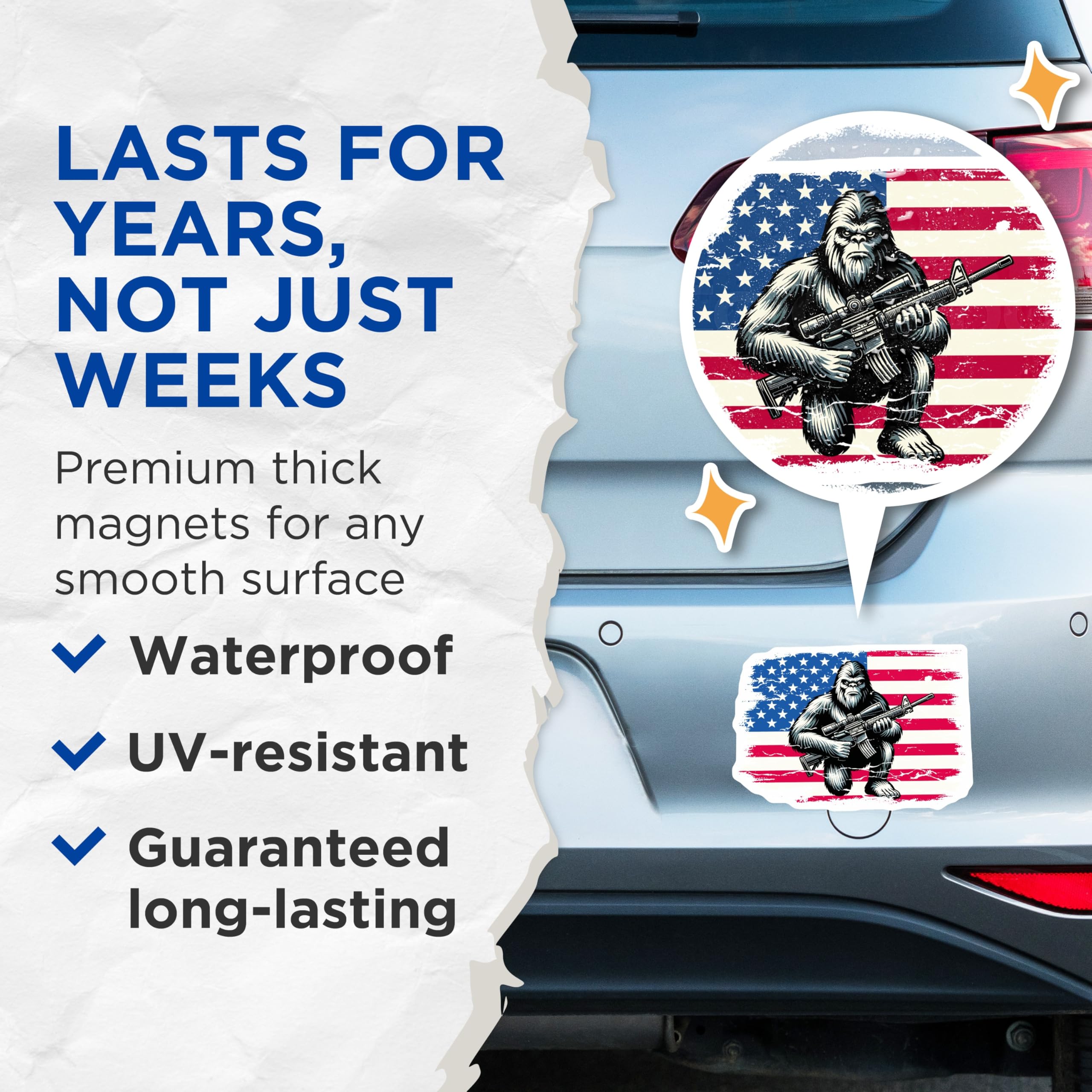 (2 Pack) Patriotic Bigfoot Magnets - American Flag Rifleman - Sasquatch Cryptid Decor - 5 Inches On Longest Side - Thick Durable Magnet - Made in USA - MAG22889