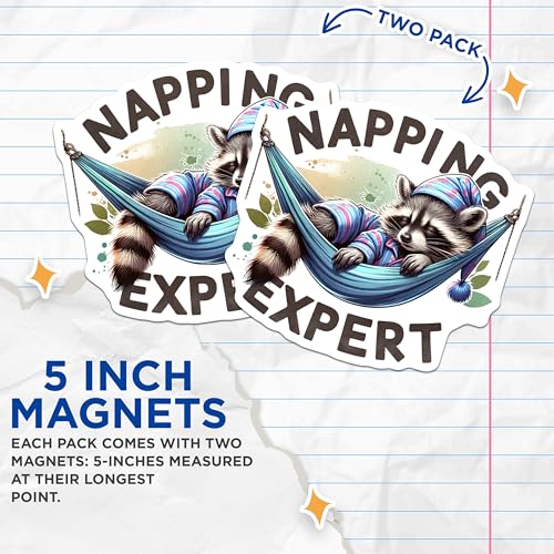 (2 Pack) Napping Expert Magnets - Cute Raccoon Magnet - Funny Sleepy Animal Magnet - 5" On Longest Side - for Cars, Fridges, Toolboxes - Made in USA - MAG4539