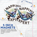 (2 Pack) Napping Expert Magnets - Cute Raccoon Magnet - Funny Sleepy Animal Magnet - 5" On Longest Side - for Cars, Fridges, Toolboxes - Made in USA - MAG4539