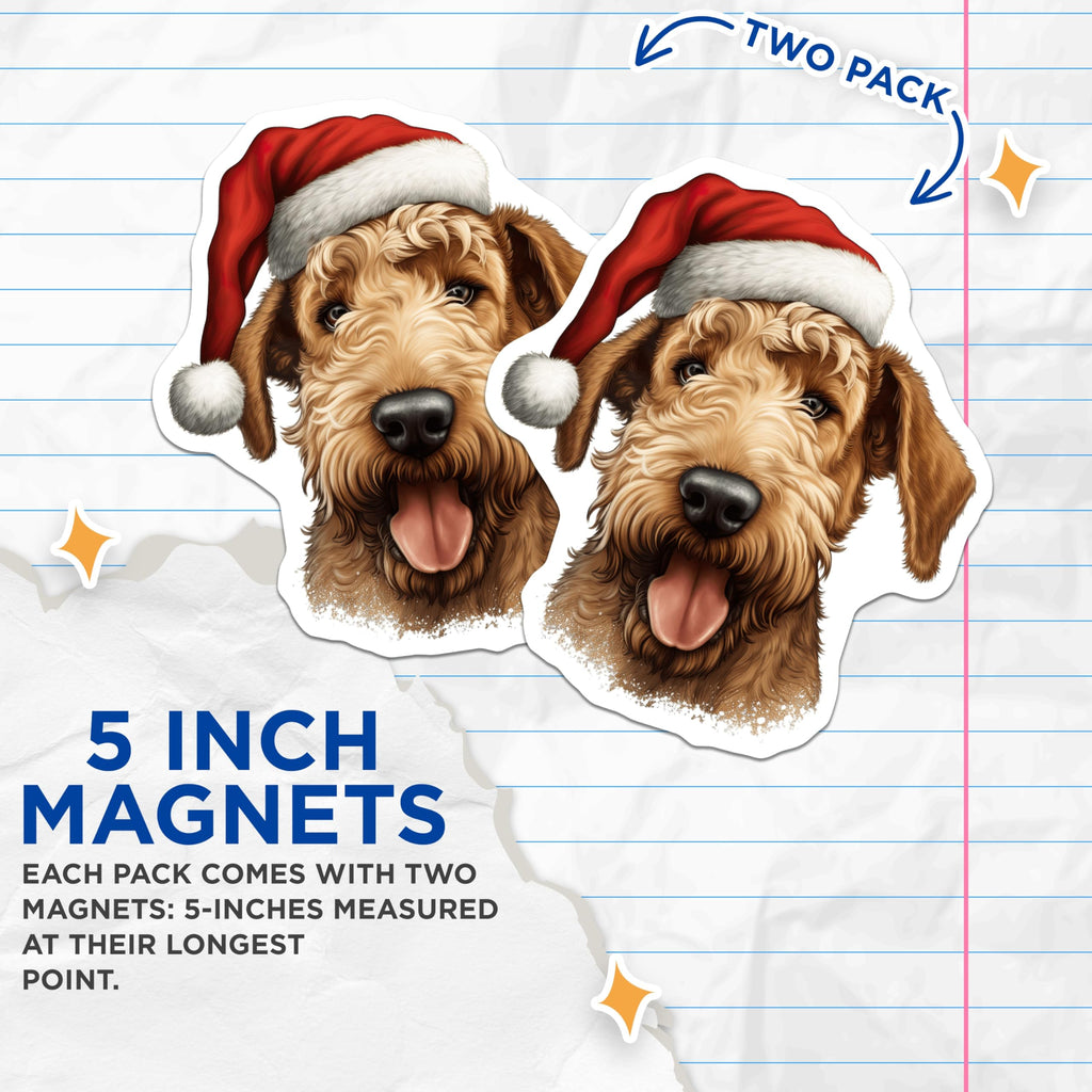 (2 Pack) Airedale Terrier Christmas Magnets - Festive Santa Hat Decor - Dog Lover Collection - 5 Inches On Longest Side - Thick Durable Magnet - Made in USA - MAG23306