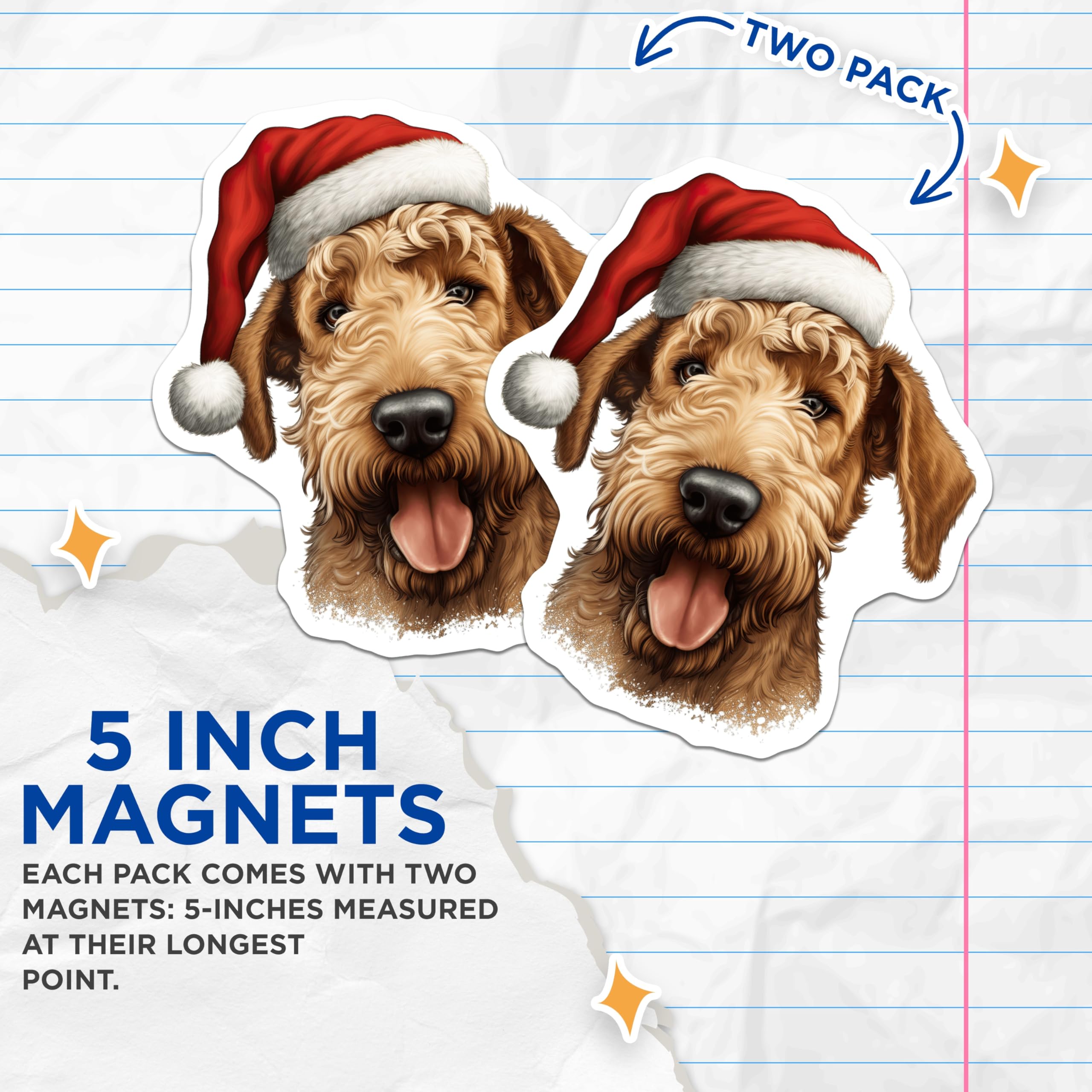 (2 Pack) Airedale Terrier Christmas Magnets - Festive Santa Hat Decor - Dog Lover Collection - 5 Inches On Longest Side - Thick Durable Magnet - Made in USA - MAG23306