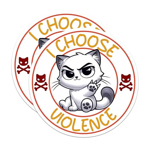 (2 Pack) I Choose Violence Cat Stickers - Humorous Feline Lovers Decal for Laptop Water Bottle - 5" On Longest Side - Sticks to Smooth Flat Surfaces - Made in USA - BMCS7345