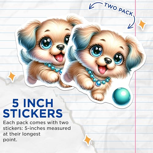 (2 Pack) Cute Puppy Stickers - Adorable Dog Stickers - Cartoon Pet Stickers - 5" On Longest Side - Sticks to Smooth Flat Surfaces - Made in USA - BMCS9441
