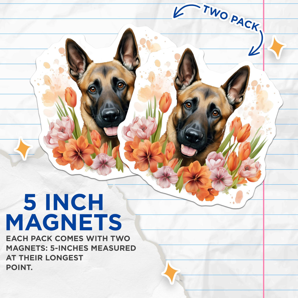 (2 Pack) German Shepherd Magnets - Floral Dog Decor - Dog Mom Owner Appreciation - 5 Inches On Longest Side - Thick Durable Magnet - Made in USA - MAG28363