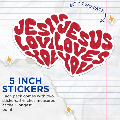 (2 Pack) Jesus Loves You Stickers - Inspirational Bible Verse Decals - 5" On Longest Side - Sticks to Smooth Flat Surfaces - Made in USA - BMCS8932 - BMCS8932