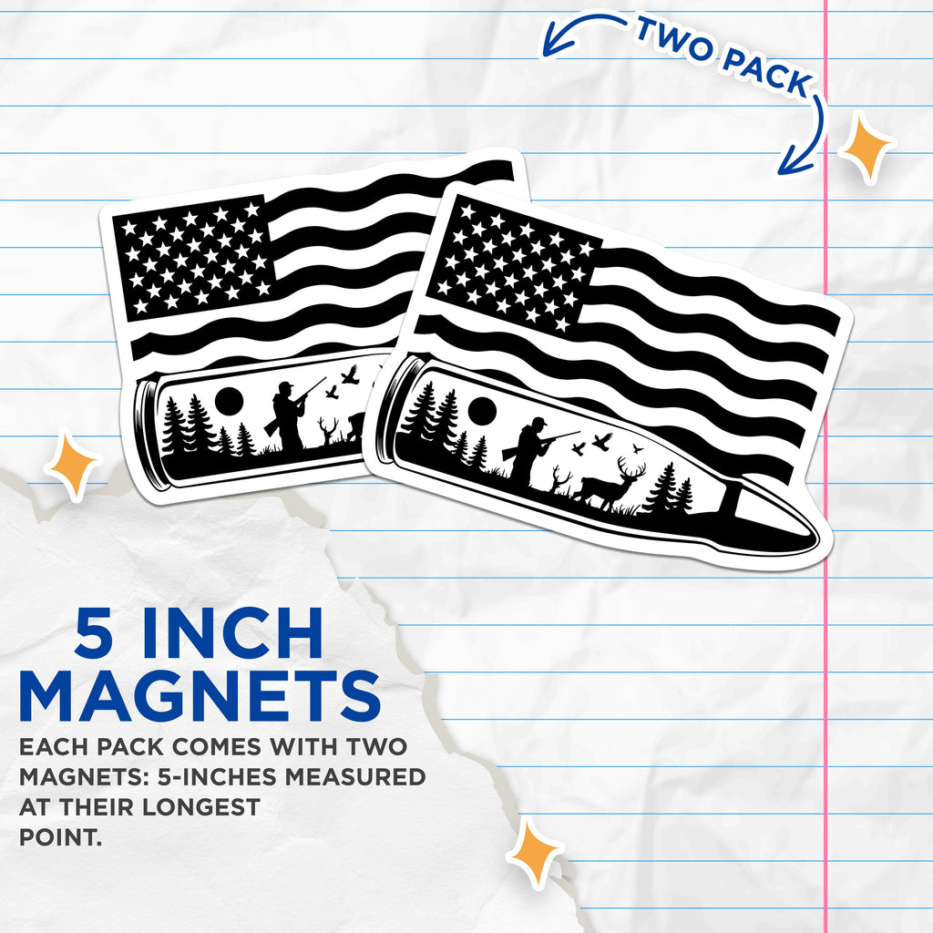 (2 Pack) Hunter American Flag Magnets - Patriotic Outdoorsman Bullet Hunting Scene - Deer Woods Wildlife Nature - 5 Inches On Longest Side - Thick Durable Magnet - Made in USA - MAG39333
