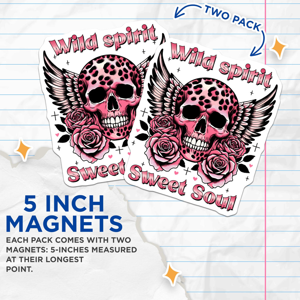 (2 Pack) Skull with Roses Magnets - Winged Skull Art - Sweet Soul Wild Spirit Home Decor - 5" On Longest Side - Premium Magnet - for Cars, Refrigerators, Toolboxes, Lockers - Made in USA - MAG15885