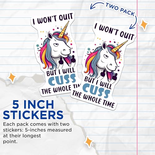(2 Pack) Funny Unicorn Stickers - Motivational - Humor for Laptops and Water Bottles - 5" On Longest Side - Sticks to Smooth Flat Surfaces - Made in USA - BMCS7812