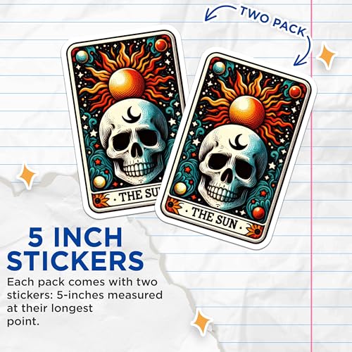 (2 Pack) The Sun Tarot Skull Stickers - Occult Skull Tarot Stickers - Esoteric Sun Tarot Card Stickers - 5" On Longest Side - Sticks to Smooth Flat Surfaces - Made in USA - BMCS5506