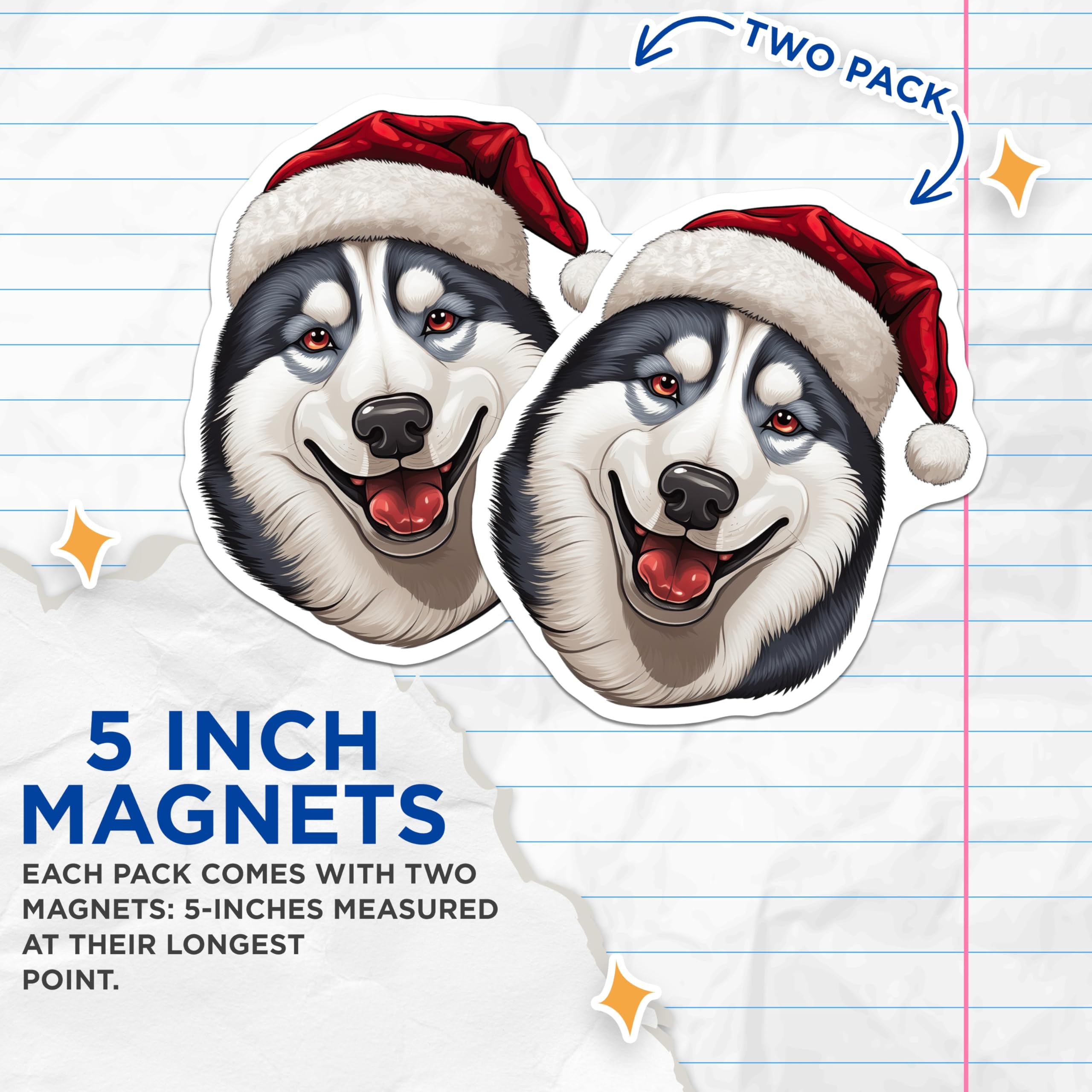 (2 Pack) Santa Husky Magnets - Christmas Dog Holiday Decor - Festive Siberian Husky - Winter Pet Lover Magnet - 5 Inches On Longest Side - Thick Durable Magnet - Made in USA - MAG24813