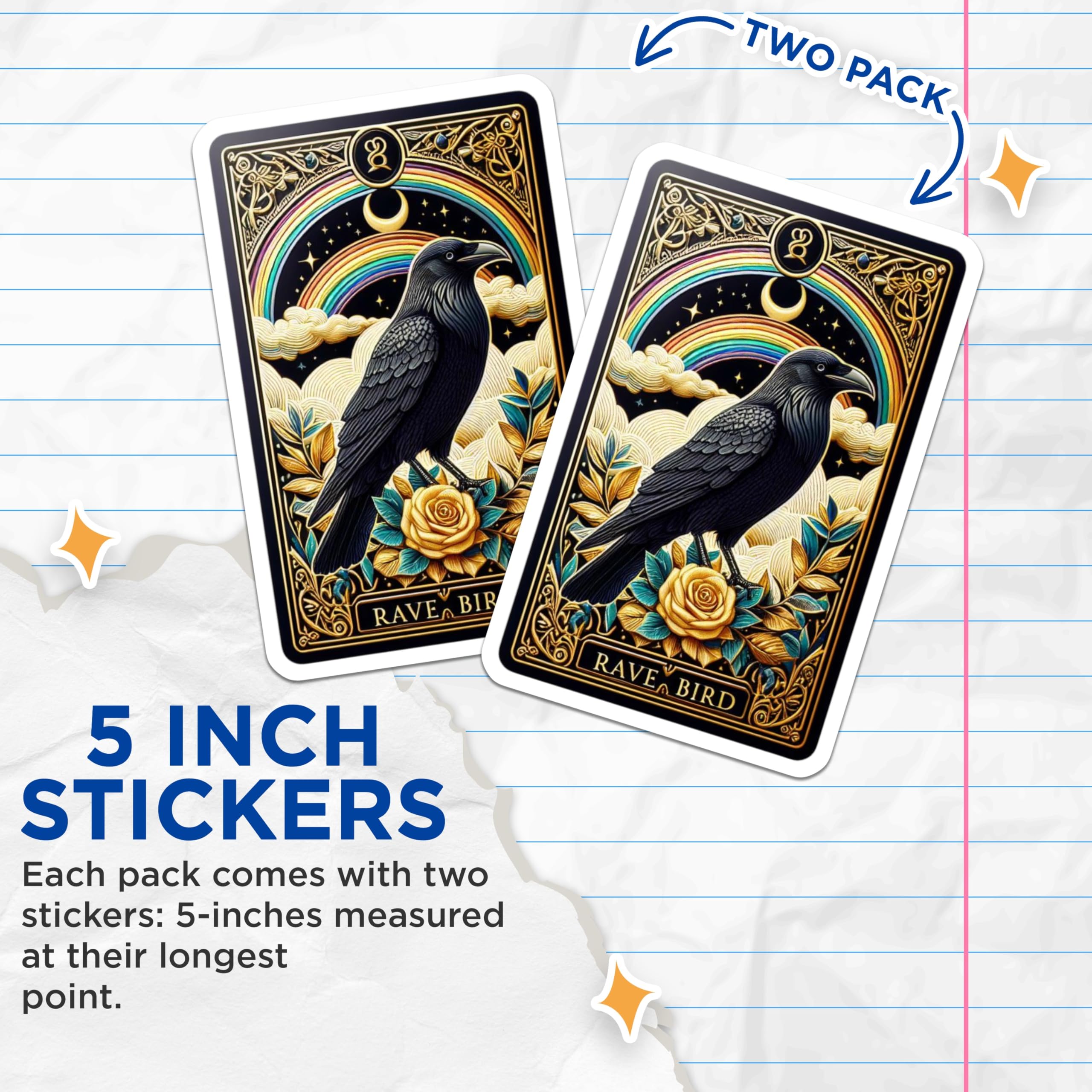 (2 Pack) Rave Bird Stickers - Mystical Black Raven - Celestial Rainbow Moon - Golden Rose Art - Tarot Style Crow Decals - 5" On Longest Side - Sticks to Smooth Flat Surfaces - Made in USA - BMCS21544