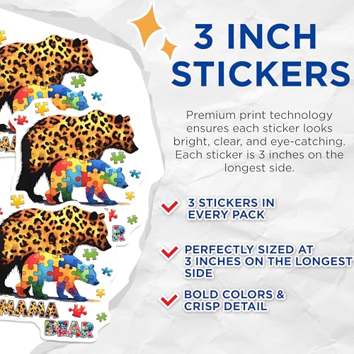 (3 Pack) Mama Bear Decals - Autism Awareness - Puzzle Piece Decals - 3 Inches On Longest Side - Easy Peel & Apply - Made in USA - 3MCS6891