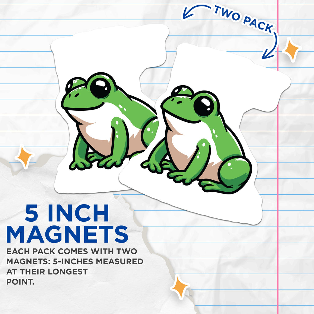 (2 Pack) Cute Frog Magnets - Kawaii Animal Refrigerator Decor - Green Amphibian Locker Accent - 5 Inches On Longest Side - Thick Durable Magnet - Made in USA - MAG39009