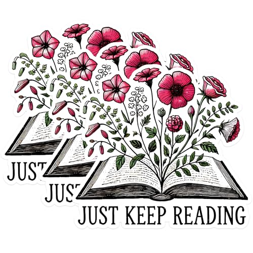 (3 Pack) Book Lover Decals - Floral Book Stickers - Just Keep Reading Laptop Decal - 3 Inches On Longest Side - Easy Peel & Apply - Made in USA - 3MCS1567