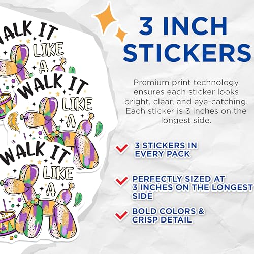 (3 Pack) Walk It Like A Dog Decals - Mardi Gras Puppy - Celebration Laptop Decals- 3 Inches On Longest Side - Easy Peel & Apply - Made in USA - 3MCS5146