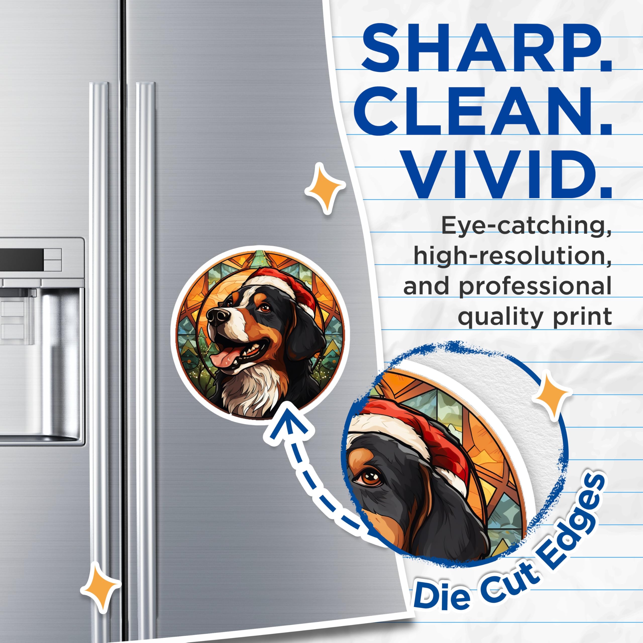 (2 Pack) Bernese Mountain Dog Magnets - Santa Hat Christmas Berner - Stained Glass Winter Dog Fridge Accent - 5 Inches On Longest Side - Thick Durable Magnet - Made in USA - MAG26811