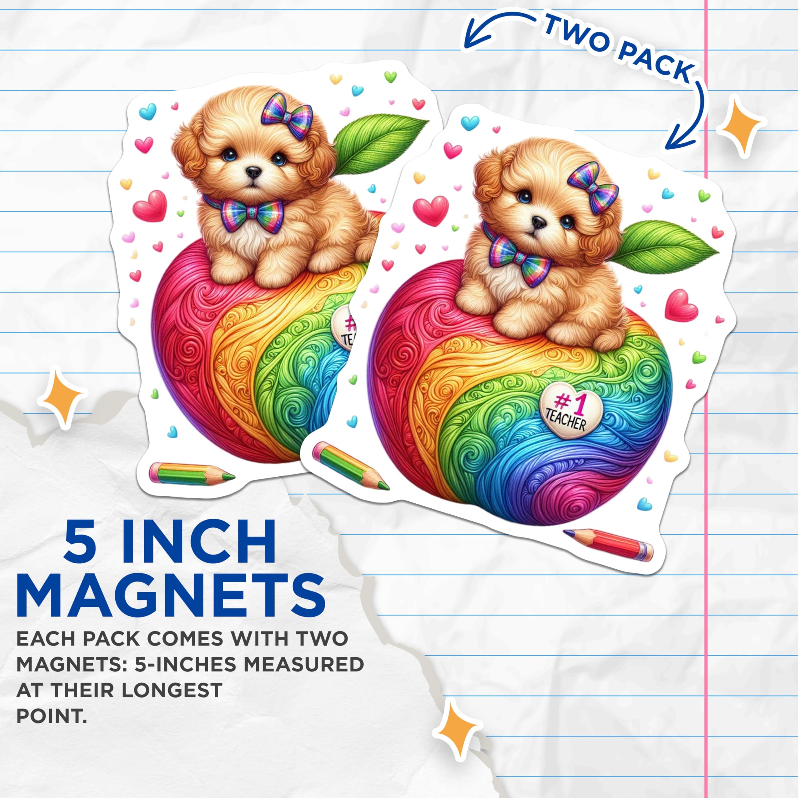 (2 Pack) Teacher Magnets - Puppy Classroom Decor - Rainbow Apple Fridge Magnets - 5" On Longest Side - Premium Magnet - for Cars, Refrigerators, Toolboxes, Lockers - Made in USA - MAG14851