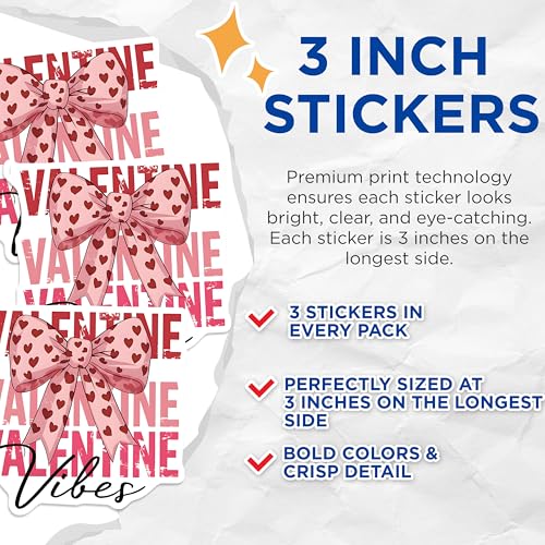 (3 Pack) Valentine Vibes Decals - Heart Bow Stickers - Laptop Decals - 3 Inches On Longest Side - Easy Peel & Apply - Made in USA - 3MCS2384