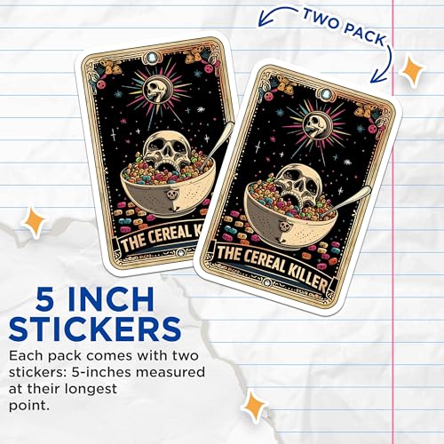 (2 Pack) The Cereal Killer Stickers - Funny Horror-Themed Stickers - Skull and Cereals Design Stickers - 5" On Longest Side - Sticks to Smooth Flat Surfaces - Made in USA - BMCS4808