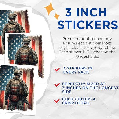 (3 Pack) Patriotic Soldier Decals - US Flag Art - Military Laptop Decals - 3 Inches On Longest Side - Easy Peel & Apply - Made in USA - 3MCS8589
