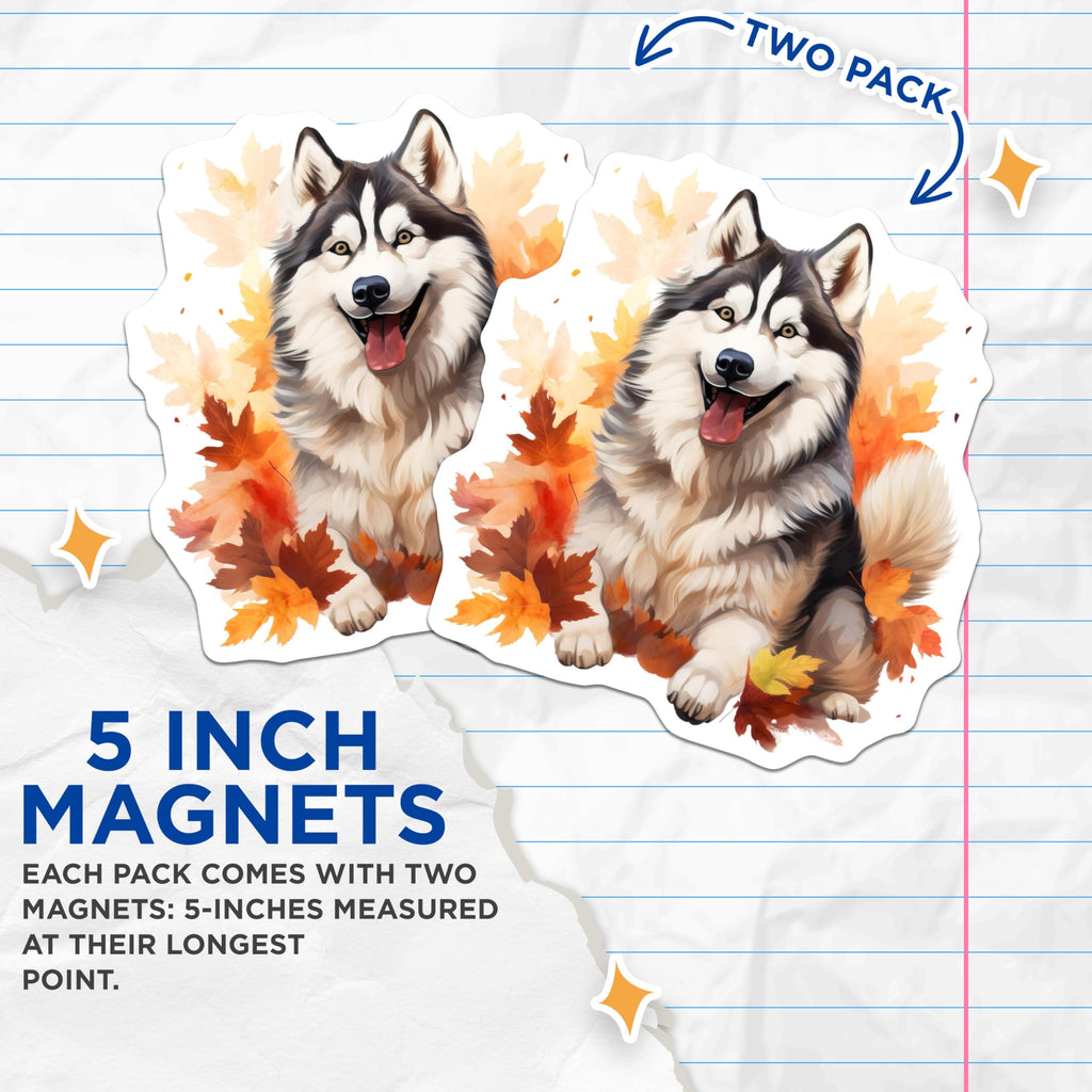 (2 Pack) Husky Dog Magnets - Autumn Fall Leaves Decor - Cute Pet Animal Refrigerator Locker Seasonal Magnets - 5 Inches On Longest Side - Thick Durable Magnet - Made in USA - MAG29154