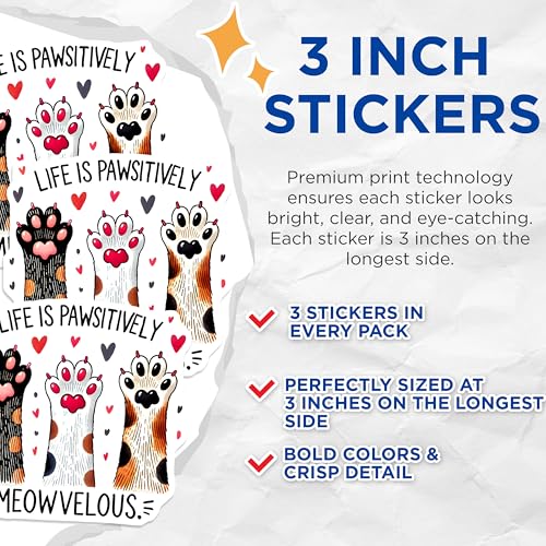 (3 Pack) Cat Paw Decals - Paw Prints - Feline Stickers - 3 Inches On Longest Side - Easy Peel & Apply - Made in USA - 3MCS8395