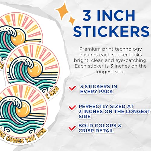 (3 Pack) Here Comes The Sun Decals - Sunny Vibes - Ocean Wave Stickers- 3 Inches On Longest Side - Easy Peel & Apply - Made in USA - 3MCS5012