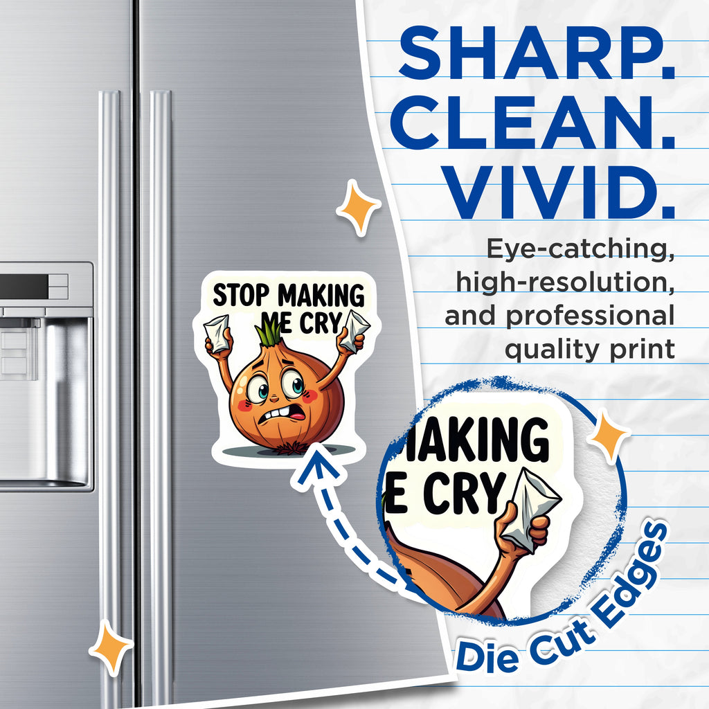 (2 Pack) Stop Making Me Cry Onion Magnets - Funny Kitchen Decor - Cooking Humor Refrigerator Magnet - Quirky Foodie Chef - 5 Inches On Longest Side - Thick Durable Magnet - Made in USA - MAG36449