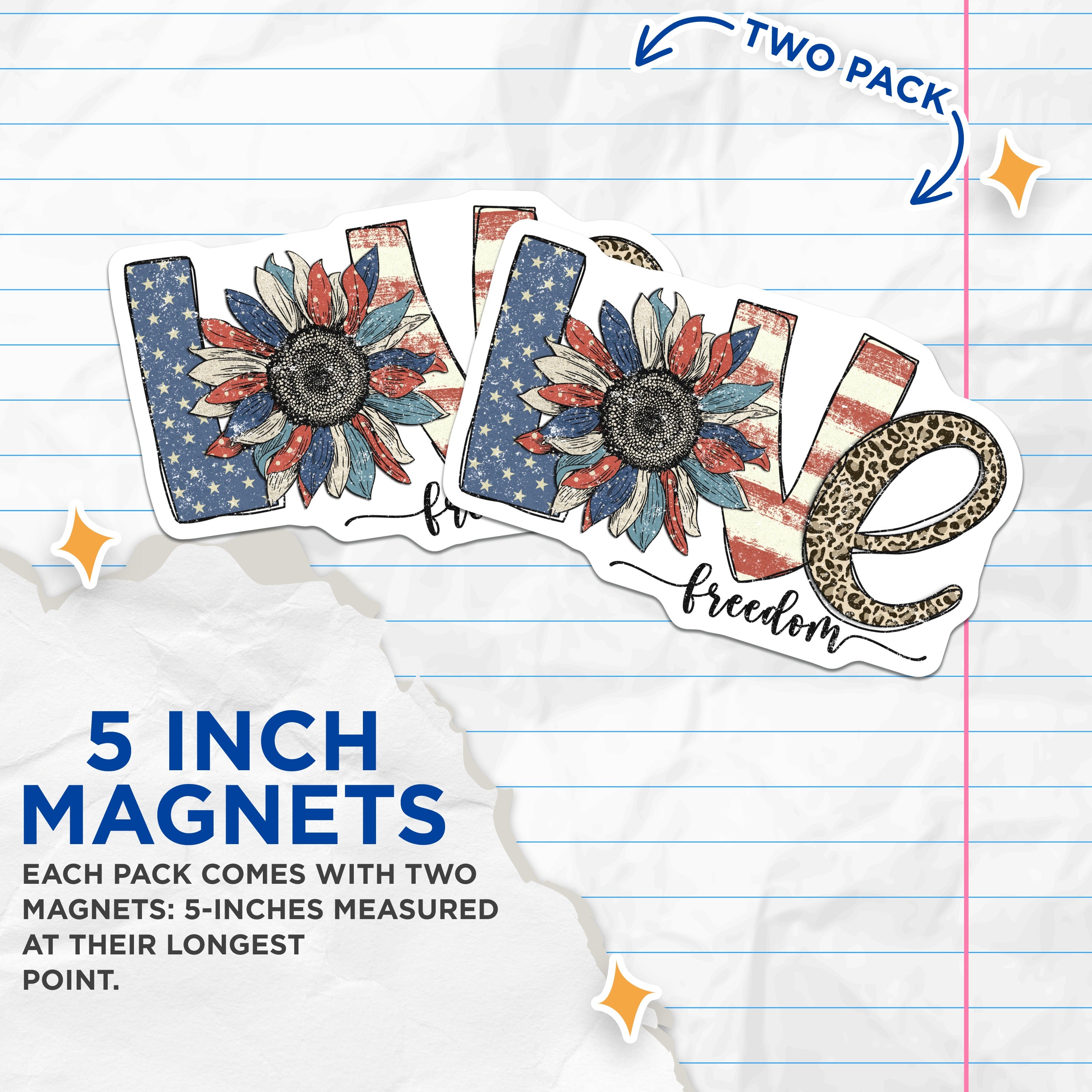 (2 Pack) Patriotic Love Freedom Magnets - Americana Sunflower Decor - 4th of July Appliance Art - 5 Inches On Longest Side - Thick Durable Magnet - Made in USA - MAG39710