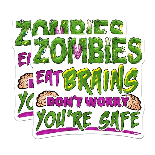 (2 Pack) Zombies Eat Brains Stickers - Funny Zombie Stickers - Halloween Humor Stickers - 5" On Longest Side - Sticks to Smooth Flat Surfaces - Made in USA - BMCS4738