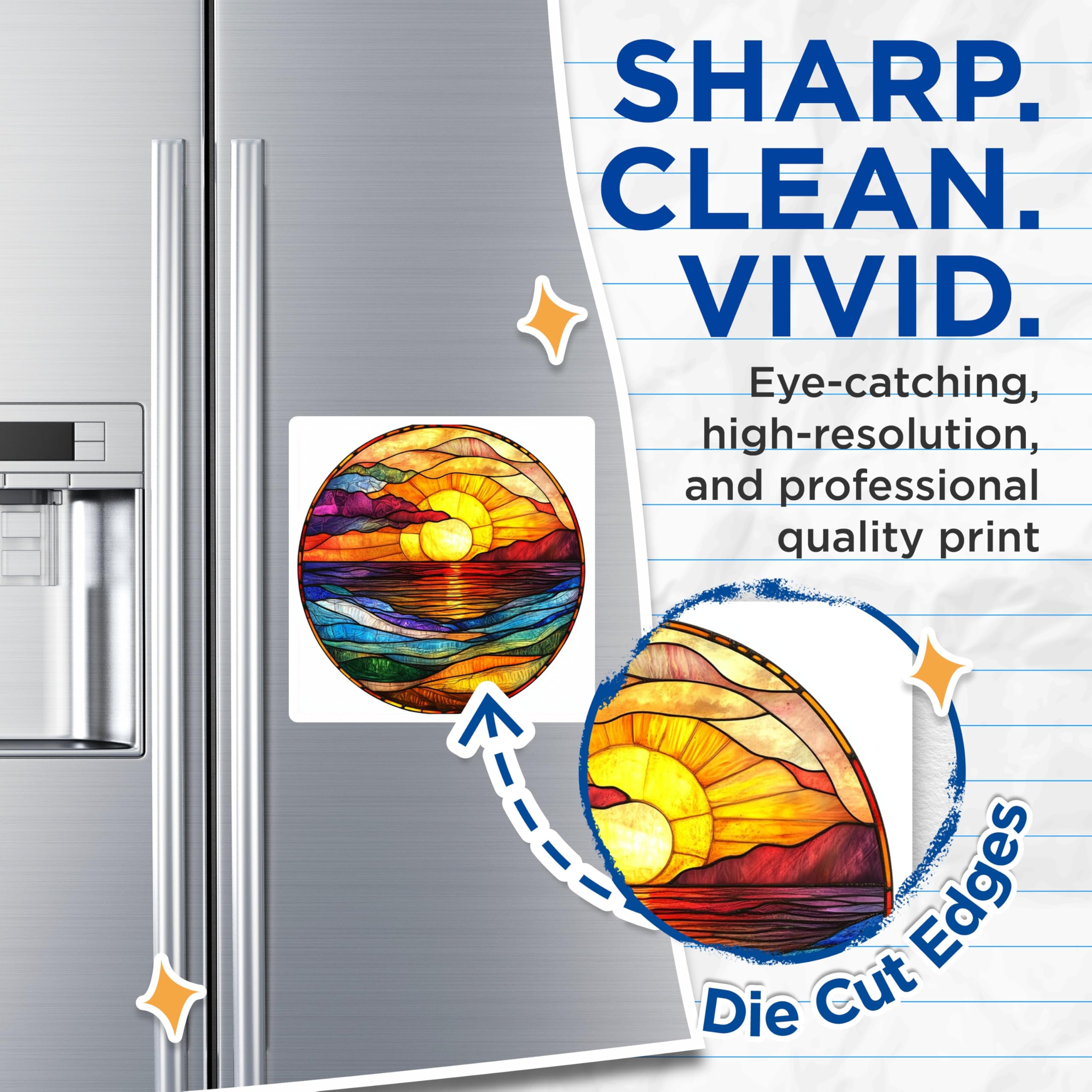 (2 Pack) Stained Glass Sunset Magnets - Ocean Waves Art - Boho Nature Decor - Vibrant Coastal Refrigerator Scene - 5 Inches On Longest Side - Thick Durable Magnet - Made in USA - MAG26234